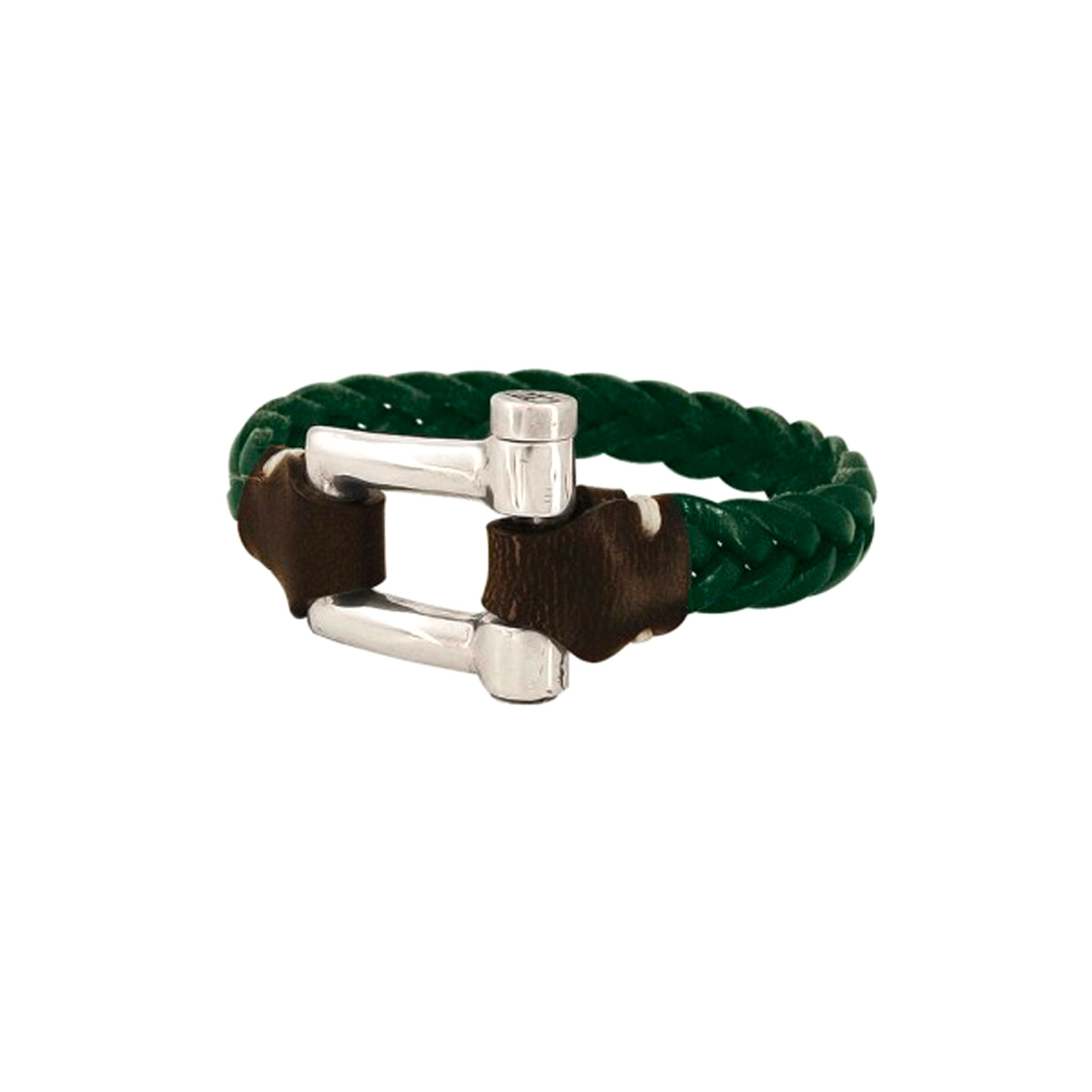 Bracelet cuir tressé vert foncé argent